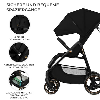 Kinderkraft TRIG 3 Kinderwagen, Kinderbuggy, Liegewagen, Sportwagen, Buggy, Zusammenklappen, Breite und tiefe Sitz, mit Liegeposition, 4 Rad Dämpfung, Große Dach, 5-Punkt-Gurt, bis zu 25 kg, Schwarz