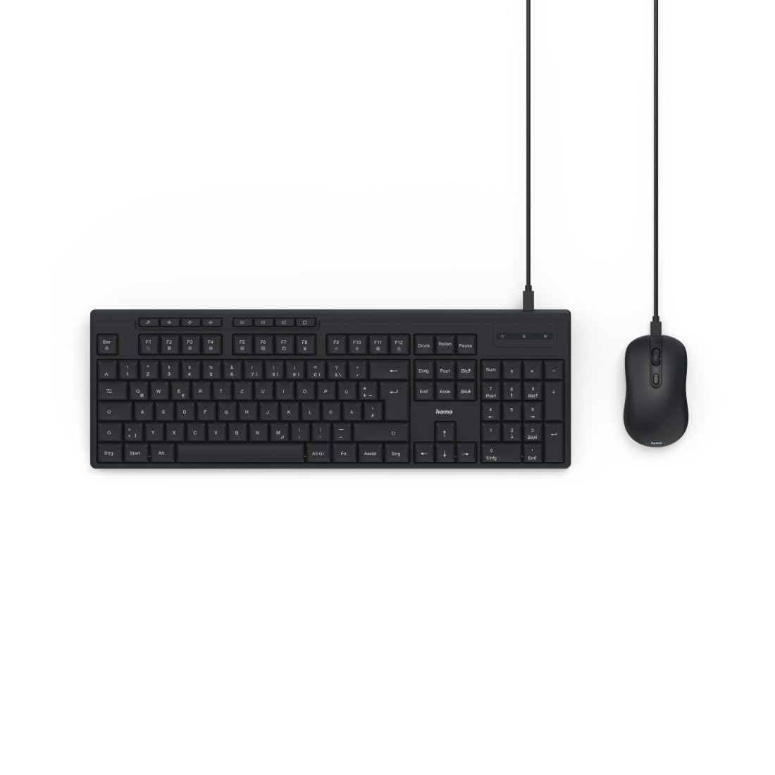 Hama Tastatur Maus Set CKM-200 (USB Tastatur, USB Maus, ergonomisches Tippgefühl, leise Tasten, Kabel abnehmbar, deutsches QWERTZ-Layout, Maus mit dpi Schalter, Multimedia Tasten) schwarz