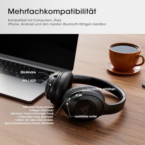 DOQAUS Kopfhörer Kabellos Bluetooth, 70Std Spielzeit Bluetooth Kopfhörer Over Ear, Bluetooth 5.3 Kpfhörer mit Kabel, 3 EQ-Modi, Kabellos Faltbare HiFi-Stereo Kopfhörer für Reisen/Telefon/PC(Schwarz)