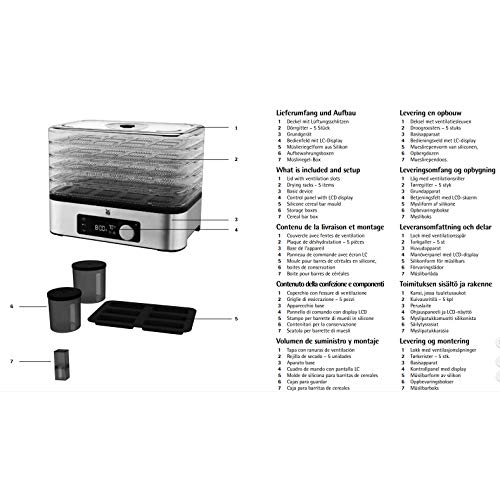 WMF Küchenminis Dörrautomat Edelstahl, Dörrgerät mit 5 Einlegefächer, 30-70°C, 24h-Timer, Obsttrockner, Dehydrator, 2 Boxen, Müsliriegelform, bpa-frei