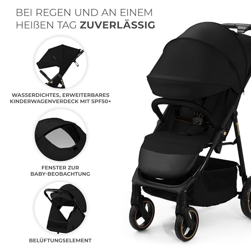 Kinderkraft TRIG 3 Kinderwagen, Kinderbuggy, Liegewagen, Sportwagen, Buggy, Zusammenklappen, Breite und tiefe Sitz, mit Liegeposition, 4 Rad Dämpfung, Große Dach, 5-Punkt-Gurt, bis zu 25 kg, Schwarz