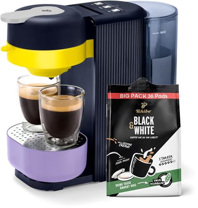 Tchibo Kaffeepadmaschine „CALL ME PAD“ inkl. 36 Black & White Pads, mit To-Go Becher Taste, für 2 Tassen, schnell und leise, automatische Abschaltfunktion, Hybrid Blue