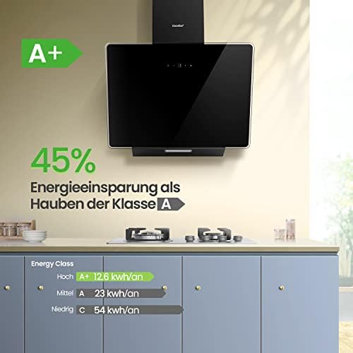 COMFEE' A+ Dunstabzugshaube 60cm CHK 3.6J64A1B Wandhaube aus gehärtetem Glas und Edelstahl mit Touchscreen, LED und Umluft- und Kanalsystem Wandmontierte Dunstabzugshaube, Schwarz