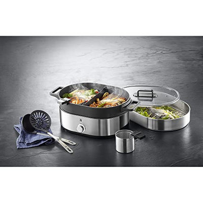 WMF Lono Hot Pot & Dampfgarer elektrisch 3,6l, chinesisches Fondue für 6 Personen, elektrische Dampfgarer, Dampfaufsatz für Dim Sum, Bao, Garkörbchen, 1700W, edelstahl matt