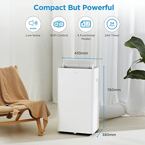 Midea Mobiles Klimagerät Silent Cool 26 Pro, 9000 BTU 2,6kW, Kühlen&Ventilieren&Entfeuchten, Raumgröße bis 88m³(33㎡), Mobile Klimaanlage mit Abluftschlauch, Weiß