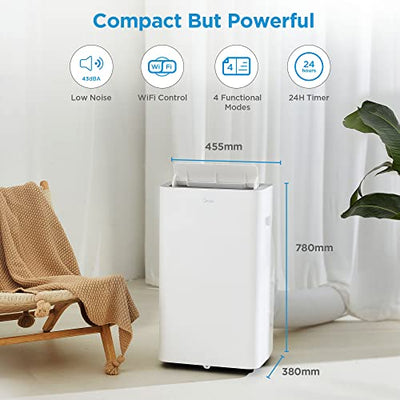 Midea Mobiles Klimagerät Silent Cool 26 Pro, 9000 BTU 2,6kW, Kühlen&Ventilieren&Entfeuchten, Raumgröße bis 88m³(33㎡), Mobile Klimaanlage mit Abluftschlauch, Weiß