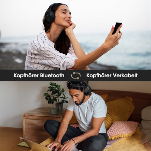 DOQAUS Kopfhörer Kabellos Bluetooth, 70Std Spielzeit Bluetooth Kopfhörer Over Ear, Bluetooth 5.3 Kpfhörer mit Kabel, 3 EQ-Modi, Kabellos Faltbare HiFi-Stereo Kopfhörer für Reisen/Telefon/PC(Schwarz)