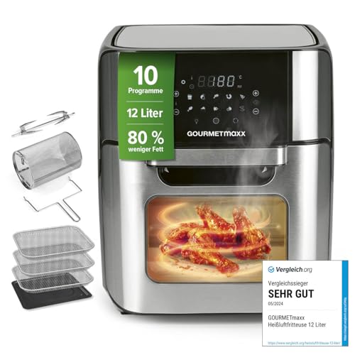 GOURMETmaxx Digitale Heißluftfritteuse 12 L, XXL-Edelstahl-Ofen | Airfryer + Timer, Touchdisplay, Drehspieß | fettarm, energiesparend frittieren | 10 Programme inkl. Pizza | 1800 W