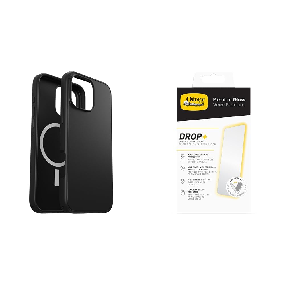 OtterBox Bundle Symmetry Series MagSafe Hülle für iPhone 16 Pro Max, stoßfest, sturzsicher, dünne Schutzhülle, Schwarz & Premium Glass Displayschutz