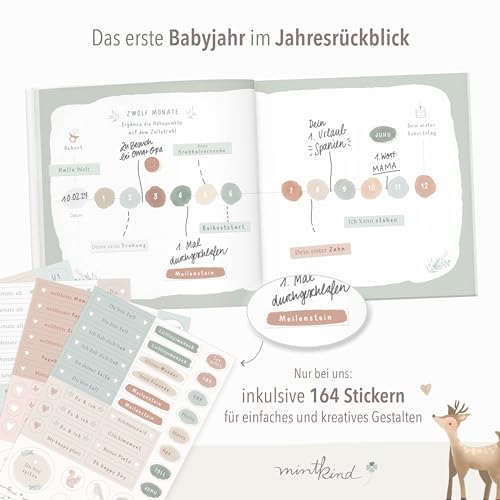 mintkind® Babyalbum "Mein erstes Lebensjahr" Wald + Sticker Set | Baby Fotoalbum zum Selbstgestalten | Baby Geschenk für Mädchen und Junge | Babybuch zum Eintragen | Baby-Tagebuch ab 0 Monate