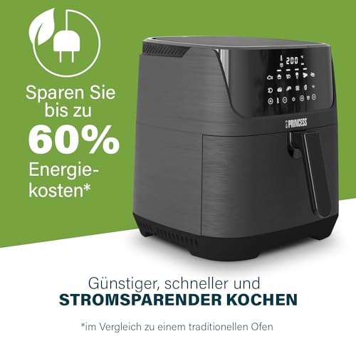 Princess Digitale Heißluftfritteuse – 6,5 L – mit herausnehmbarer Trennwand – 60 Prozent weniger Energieverbrauch – Digitaler Touchscreen – 12 Programme – Ohne Öl – Schwarz – 182061