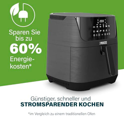 Princess Digitale Heißluftfritteuse – 6,5 L – mit herausnehmbarer Trennwand – 60 Prozent weniger Energieverbrauch – Digitaler Touchscreen – 12 Programme – Ohne Öl – Schwarz – 182061