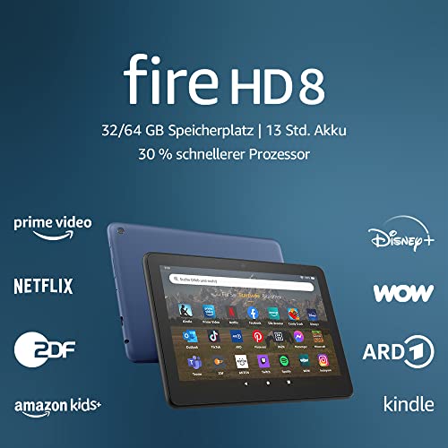 Zertifiziert und generalüberholt Fire HD 8-Tablet, 8-Zoll-HD-Display, 32 GB, 30% schnellerer Prozessor, für Unterhaltung unterwegs (2022), blau, mit Werbung