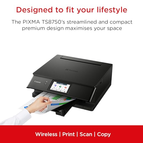 Canon PIXMA TS8750 Multifunktionsdrucker 3in1 (Tintenstrahl,Drucken, Kopieren, Scannen, A4, 10,8 cm Touch LCD, WLAN, Duplexdruck, 2 Papierzuführungen, 2 x 100 Blatt, 6 Separate Tinten) schwarz