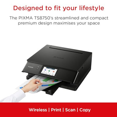 Canon PIXMA TS8750 Multifunktionsdrucker 3in1 (Tintenstrahl,Drucken, Kopieren, Scannen, A4, 10,8 cm Touch LCD, WLAN, Duplexdruck, 2 Papierzuführungen, 2 x 100 Blatt, 6 Separate Tinten) schwarz