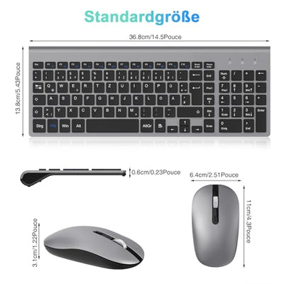 cimetech Tastatur Maus Set Kabellos, 2.4G Ultraslim Tragbare Funktastatur mit Maus Tastatur QWERTZ Layout (Deutsch) für Laptop, PC, Desktop, Notebook, Windows