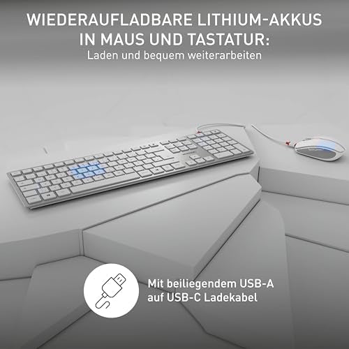 CHERRY DW 9100 SLIM, Kabelloses Tastatur- und Maus-Set, Deutsches Layout (QWERTZ), Bluetooth & 2,4 GHz Funk, Leise Tasten, Wiederaufladbar, Weiß-Silber