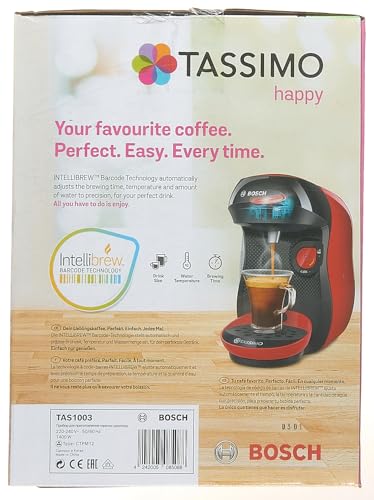 Bosch Tassimo Happy Kapselmaschine TAS1003 Kaffeemaschine by, 70 Getränke, vollautomatisch, geeignet für alle Tassen, platzsparend, 1400 W, rot