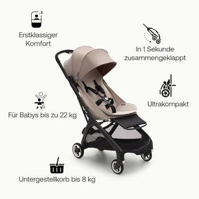 Bugaboo Butterfly ultrakompakter Reise-Kinderwagen, klein & leicht, einhändig faltbar und einfach zu lenken, ergonomischer City-Kinderwagen für Babys ab 6 Monaten, mit viel Stauraum, Desert Taupe