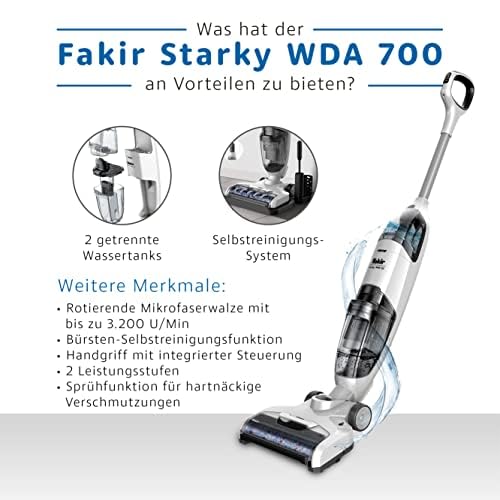 Fakir Starky WDA 700 Akku Staubsauger beutellos 120 W, 3in1 Nass Trockensauger kabelloser Bodenstaubsauger, 22,2 V Akku, 2 Saugstufen mit verschiedenen Aufsätzen, 25 Min. Laufzeit, selbstreinigend