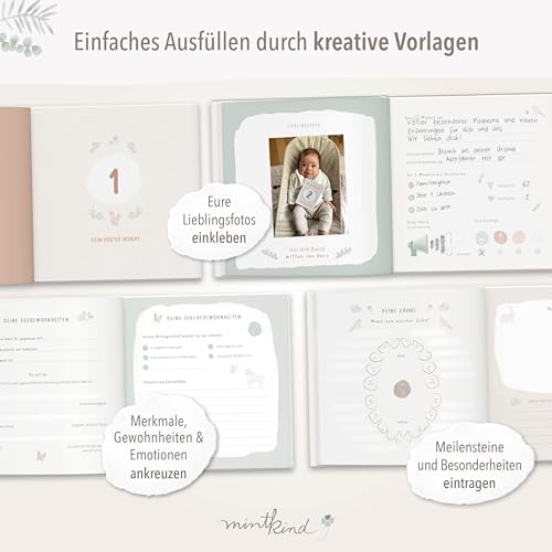 mintkind® Babyalbum "Mein erstes Lebensjahr" Wald + Sticker Set | Baby Fotoalbum zum Selbstgestalten | Baby Geschenk für Mädchen und Junge | Babybuch zum Eintragen | Baby-Tagebuch ab 0 Monate