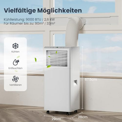 Newentor Klimaanlage Mobil 9000 BTU/2,6 kW, Mobile Klimaanlage mit Abluftschlauch, Mobiles Klimagerät für Räume bis 90m³/33㎡, Kühlen/Entfeuchten/Ventilieren mit Fernbedienung, 10 J. Gar.