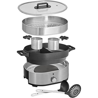 WMF Lono Hot Pot & Dampfgarer elektrisch 3,6l, chinesisches Fondue für 6 Personen, elektrische Dampfgarer, Dampfaufsatz für Dim Sum, Bao, Garkörbchen, 1700W, edelstahl matt