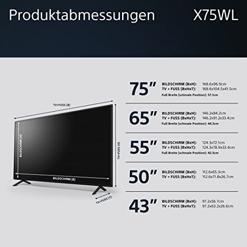 Sony BRAVIA, KD-50X75WL, 50 Zoll Fernseher, LED, 4K HDR, Google TV, Smart TV, Works with Alexa, BRAVIA CORE, HDMI 2.1, Gaming-Menü mit ALLM