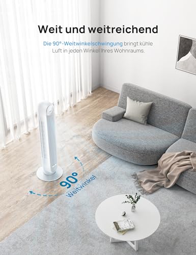 Dreo 28dB Leiser Turmventilator, 7,3m/s Geschwindigkeit 4 Geschwindigstufen 4 Modi 8 Std. Timer 90° oszillierende Ventilatoren mit Kühlung Fernbedienung für Schlafzimmer, Nomad One,Weiß