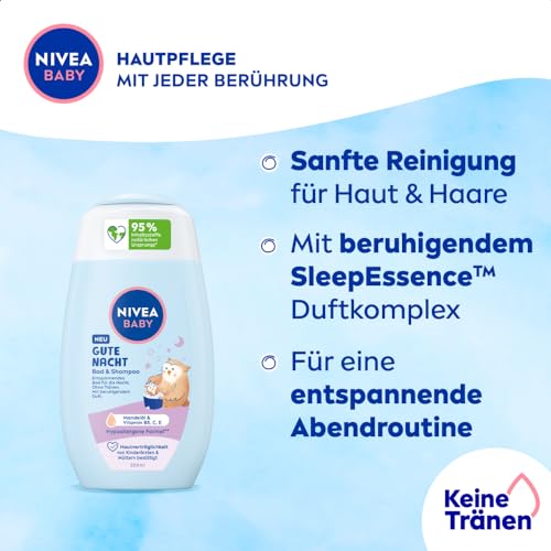 NIVEA BABY Gute Nacht Bad & Shampoo, mildes Babyshampoo & Duschgel mit Mandelöl, Vitamin E, B5 und C, beruhigendes Baby Shampoo mit hypoallergener Formel und hautfreundlichem pH-Wert (200 ml)