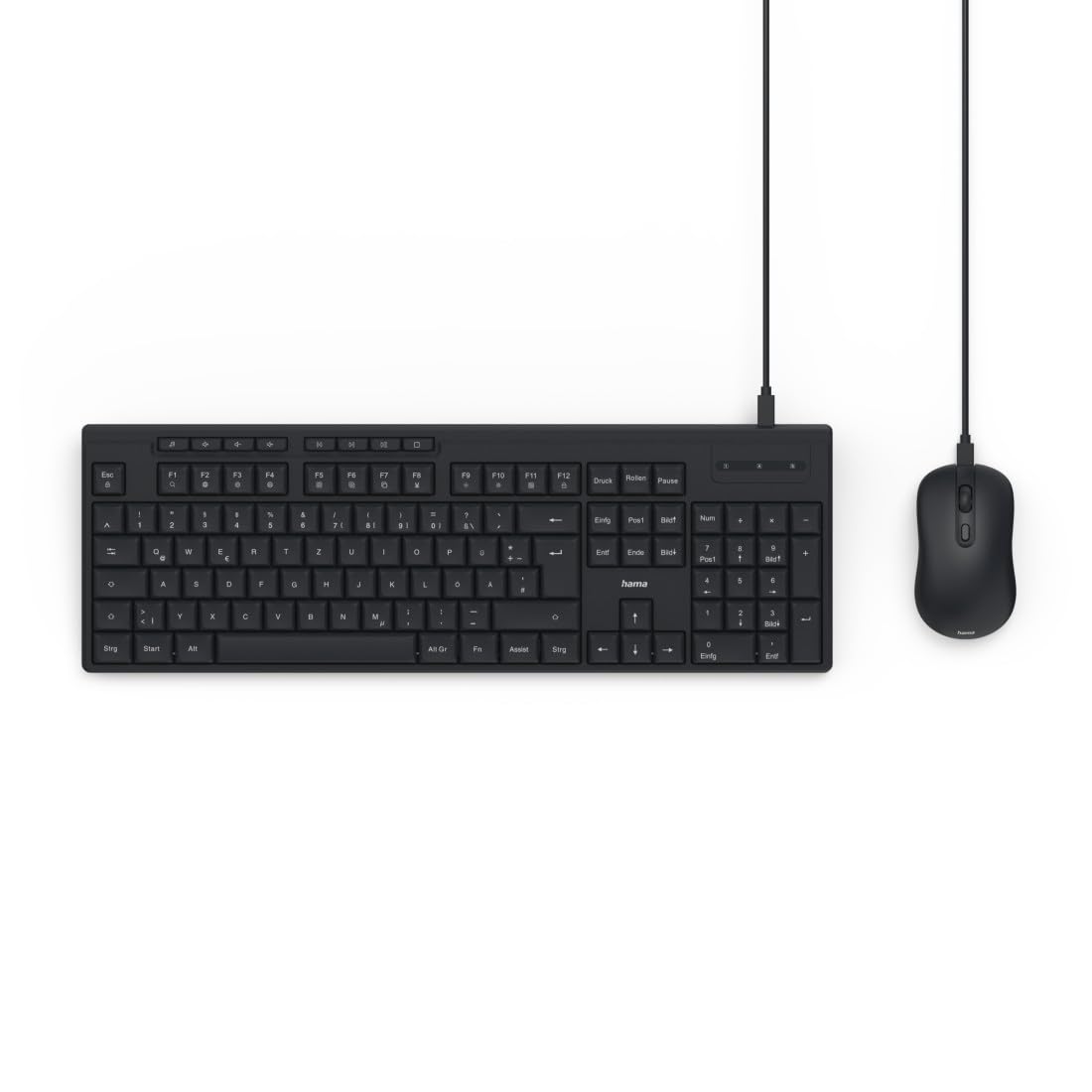 Hama Tastatur Maus Set CKM-200 (USB Tastatur, USB Maus, ergonomisches Tippgefühl, leise Tasten, Kabel abnehmbar, deutsches QWERTZ-Layout, Maus mit dpi Schalter, Multimedia Tasten) schwarz