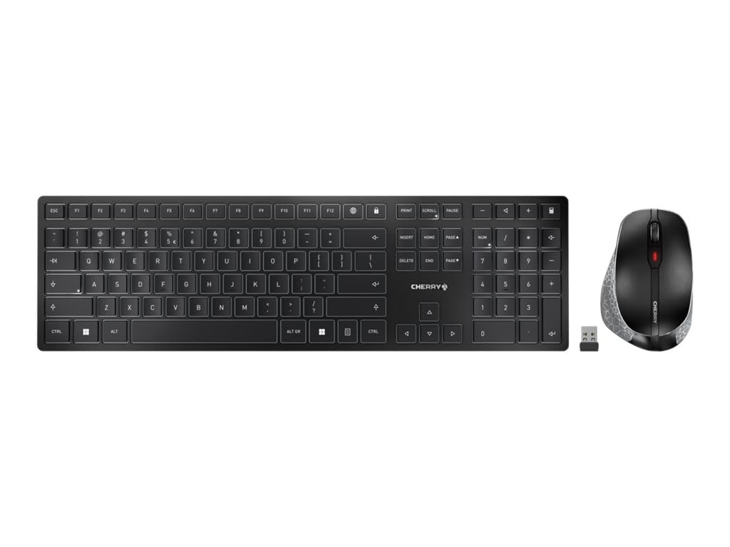 CHERRY DW 9500 SLIM, Kabelloses Tastatur- und Maus-Set, EU-Layout (QWERTY), Bluetooth oder 2,4 GHz Funk, Ergonomische Rechtshändermaus, Schwarz-Grau