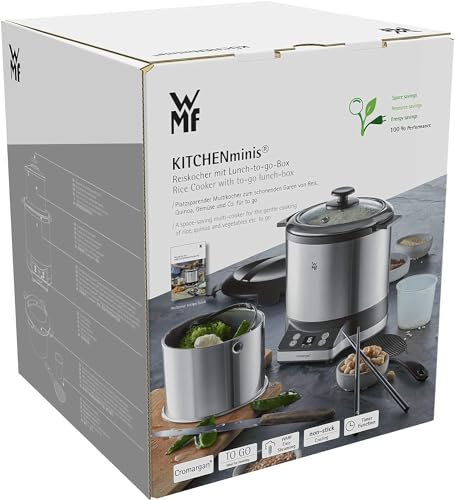 WMF Küchenminis Reiskocher 220 W, mit Lunch-to-go-Box, Damfgarer, platzsparend, Innentopf mit To-Go-Deckel 1l, Reiskocher mini cromargan matt