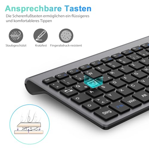 cimetech Tastatur Maus Set Kabellos, 2.4G Ultraslim Tragbare Funktastatur mit Maus Tastatur QWERTZ Layout (Deutsch) für Laptop, PC, Desktop, Notebook, Windows