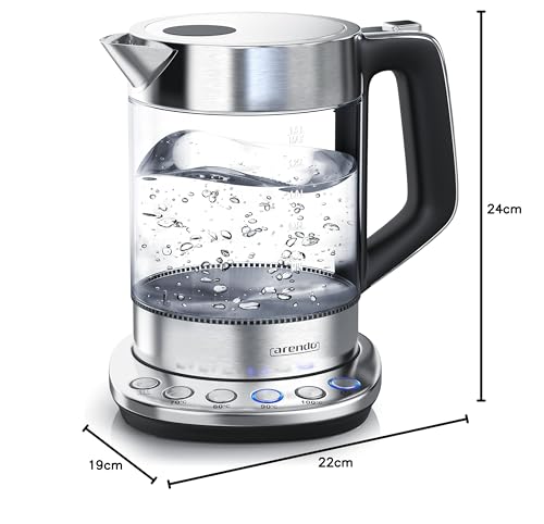 Arendo - Glas Wasserkocher mit Temperatureinstellung - Warmhaltefunktion 30min - 1,5 Liter Füllmenge - Borosilikatglas - Basisstation aus Edelstahl - Modernes Design