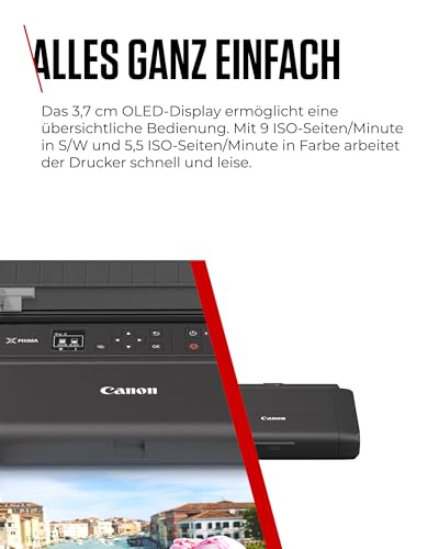 Canon PIXMA TR150 mobiler Drucker mit Akku (WLAN, Cloud, AirPrint, 4.800 dpi x 1.200 dpi, Highspeed USB Typ C, OLED-Display, Tintenstrahldrucker), schwarz