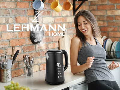 Lehmann LHOEK-1516 Wasserkocher mit Temperatureinstellung, 1,6 Liter Elektrischer Wasserkettle aus Edelstahl, Teekocher mit Temperaturhaltefunktion, Schnelles Aufheizen, Touchscreen-Anzeige, schwarz