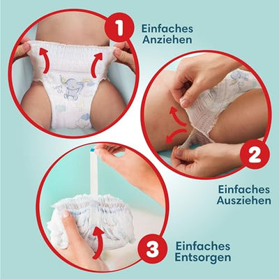 Pampers Baby Windeln Pants Größe 5 (12-17kg) Premium Protection, Junior mit Stop- und Schutz Täschchen, MONATSBOX, 144 Höschenwindeln