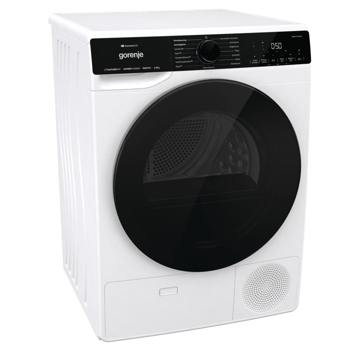 Gorenje DPNA93W Wärmepumpentrockner, 9 kg Kapazität, 15 Programme, ConnectLife WiFi, Auto Drain, Made in EU, Nature Dry, Twin Air, Sportprogramm, Schnellprogramm Energieklasse A+++