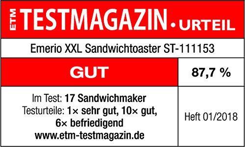 Emerio XXL Sandwich Toaster TEST GUT für alle Toastgrößen geeignet 4x große Muschelform für die ganze Familie Käse läuft nicht aus kein Verschmieren BPA frei 1300 Watt Sandwichmaker 4er