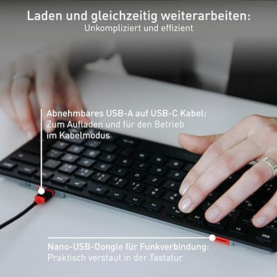 CHERRY KW 9200 MINI, Kompakte Multi-Device-Tastatur für bis zu 4 Geräte, Deutsches Layout (QWERTZ), Bluetooth, 2,4 GHz oder Kabel, Wiederaufladbar, Schwarz