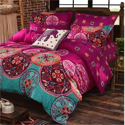 Freyamy Boho Bettwäsche 135x200 4teilig Indisch Exotische Vintage Bohemian Fuchsia Türkis Bunt Muster 100% Mikrofaser Bettbezug Kissenbezug 80x80 Böhmisch Bettbezüge