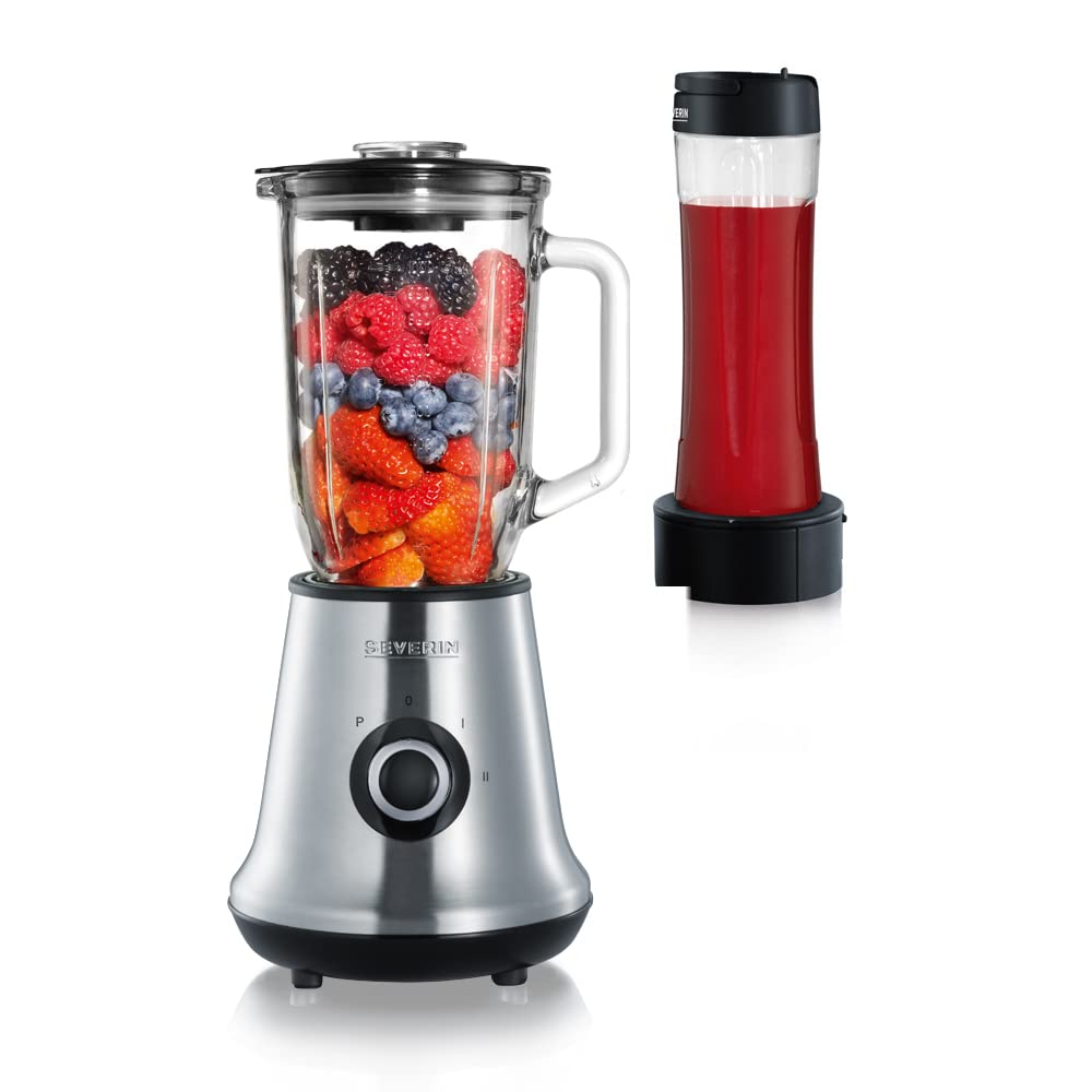 SEVERIN Multimixer, 2-in-1 Stand Mixer und Smoothie Maker mit 1 l Glas-Mixbehälter und Trinkbecher, Küchenmixer mit 2 Stufen und Pulse-Funktion, 500 W, Edelstahl/Schwarz, SM 3737