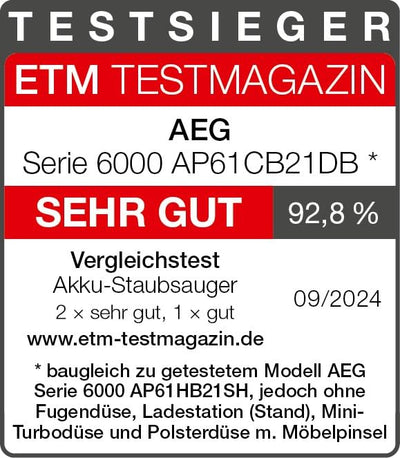 AEG 6000 Akku-Staubsauger / 103.000 U/Min / 175.000 dPa / Digitalmotor / Kabellos / bis zu 99 % Staubaufnahme / 40 min Laufzeit / Einfache Handhabung / Entnehmbarer 21,6 V Akku / leicht / AP61CB21DB