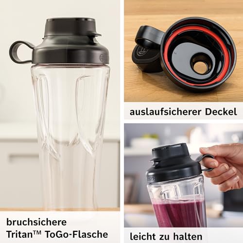 Bosch Mini-Standmixer VitaPower Serie 2 MMB2111S, Highspeed-Mixer, bis zu 40.000 rpm, Tritan ToGo-Flasche 0,6 L, Trinkdeckel, bruchsicher,spülmasch.geeignete Teile, 450W, Silber/schwarz