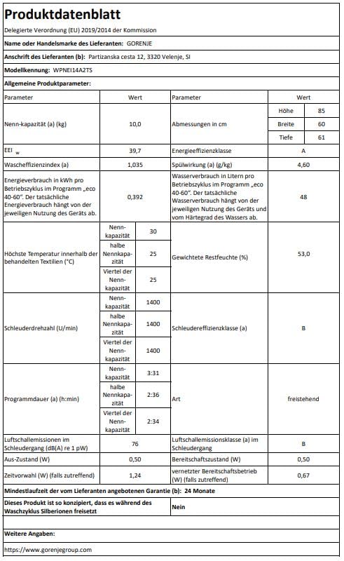 Gorenje WPNEI14A2TS Waschmachine mit Dampffunktion/ConnectLife / 10Kg / 1400 U/min / 15 Programme/Totaler AquaStop/WaveActive Trommel/ExtraHygiene/PowerWash/Schnell Waschgang/EEK: A-20%