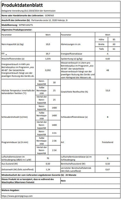 Gorenje WPNEI14A2TS Waschmachine mit Dampffunktion/ConnectLife / 10Kg / 1400 U/min / 15 Programme/Totaler AquaStop/WaveActive Trommel/ExtraHygiene/PowerWash/Schnell Waschgang/EEK: A-20%