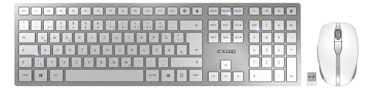 CHERRY DW 9000 SLIM, Kabelloses Tastatur- und Maus-Set, Belgisches Layout (AZERTY), Bluetooth & 2,4 GHz Funk, Leise Tasten, Wiederaufladbar, Weiß-Silber