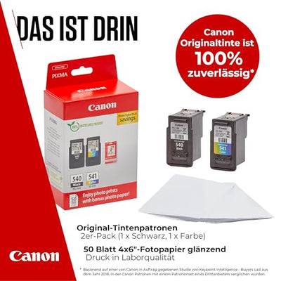 Canon Tinte & Papier Multipack - PG-540/CL-541 Original Drucker-Tintenpatronen 2er-Pack (1 x Schwarz, 1 x Farbe) & 4x6 Fotopapier (50 x Blatt) - Kompatibel PIXMA Druckern