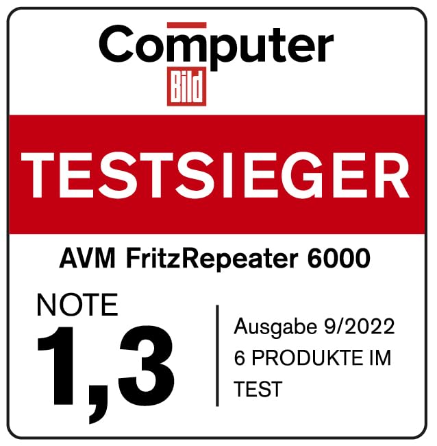 AVM FRITZ!Repeater 6000 (WiFi 6 Repeater mit drei Funkeinheiten: 5 GHz (2 x bis zu 2.400 MBit/s), 2,4 GHz (bis zu 1.200 MBit/s), 2,5-Gigabit-LAN, deutschsprachige Version)